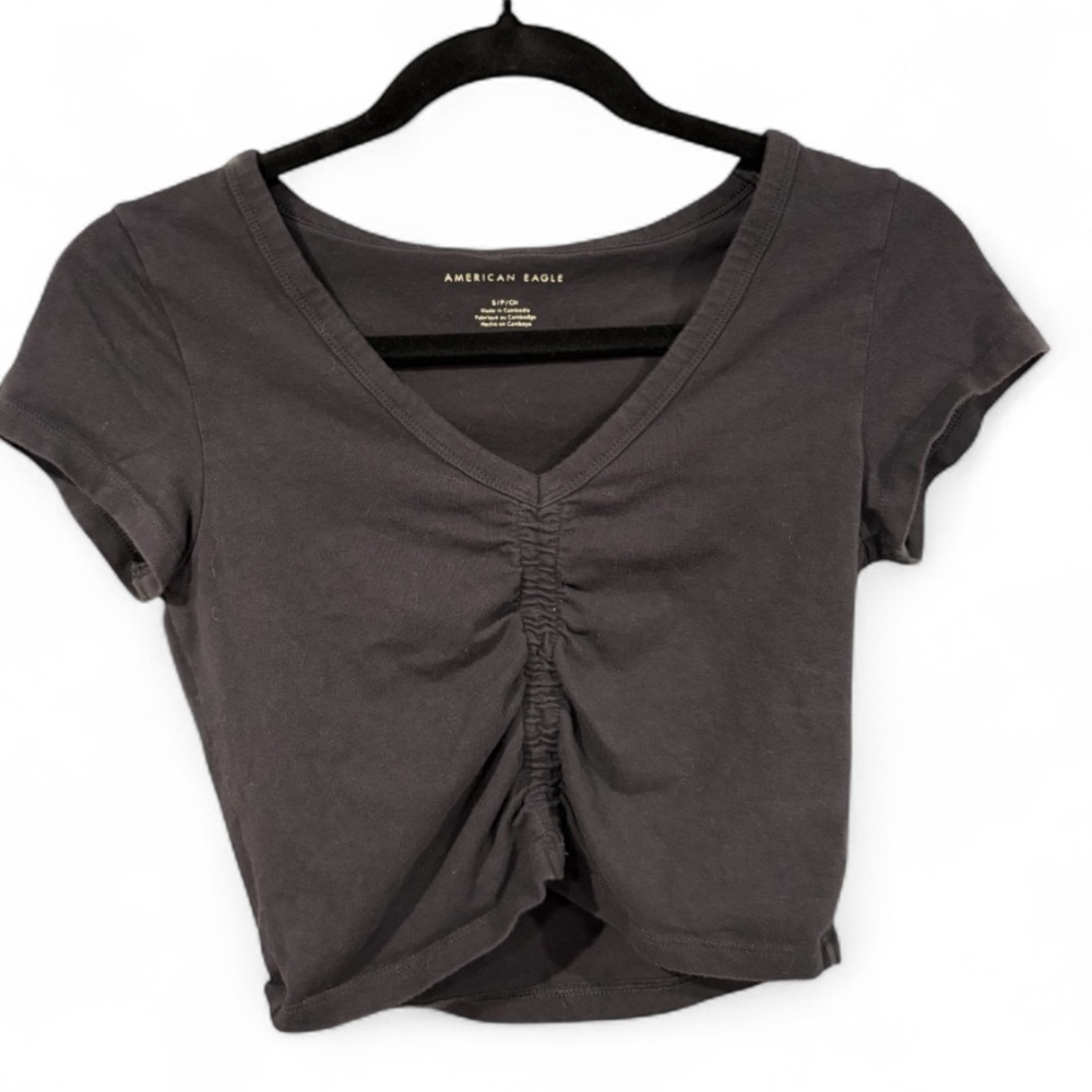 American Eagle Black Ruched V-Neck Crop Top Size Small Short Sleeve Tee